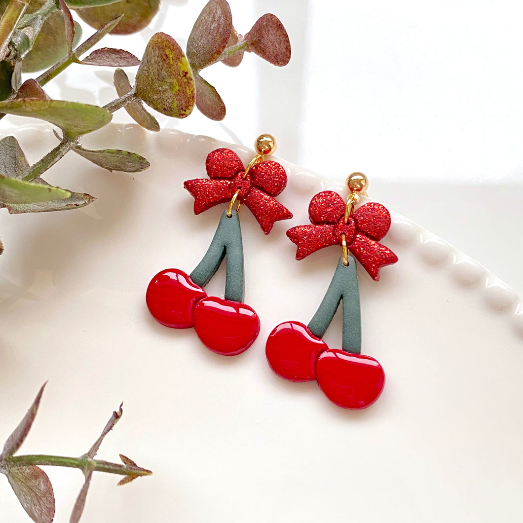 Glitter Bow Cherry Dangles