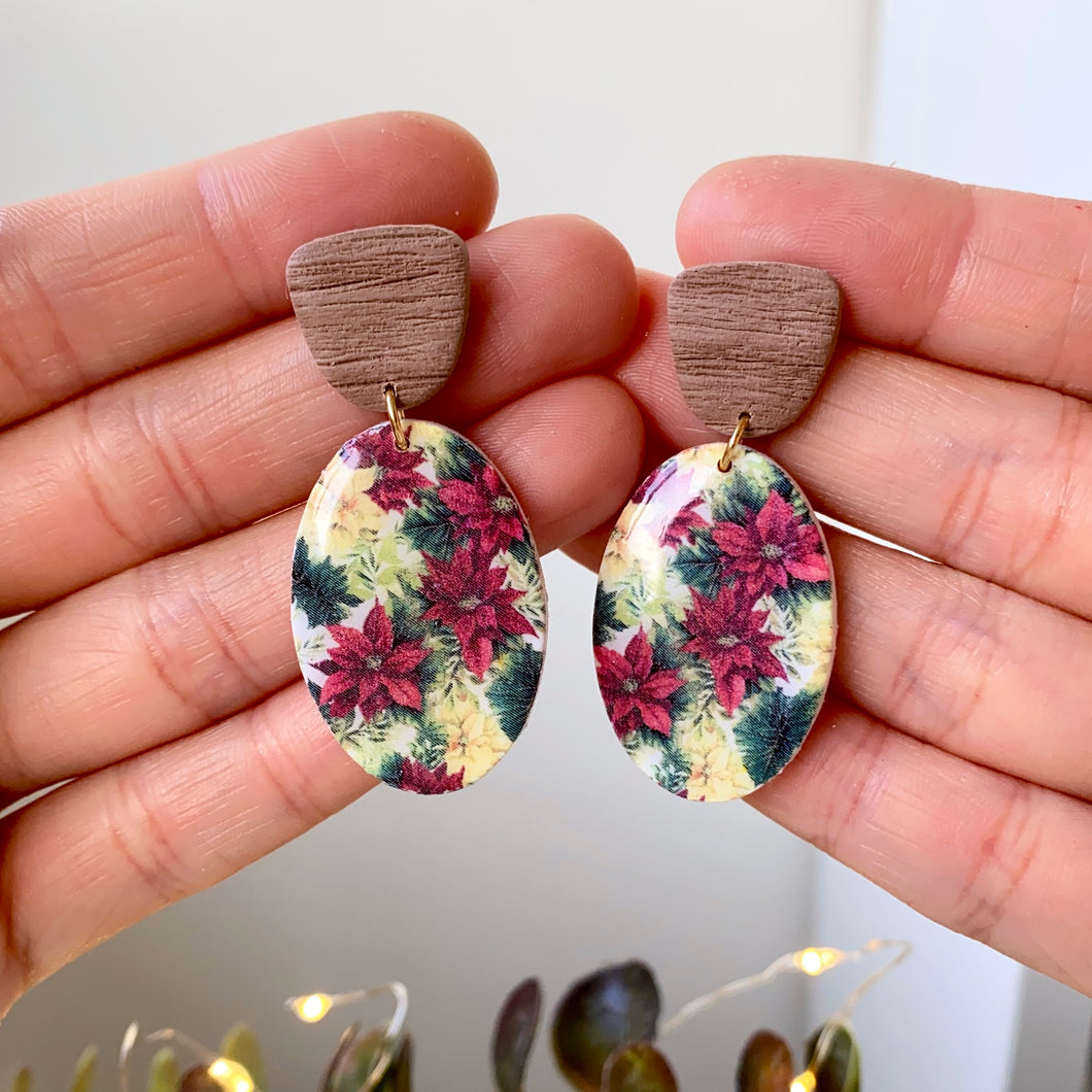 Poinsettia Patterned Oval Dangles